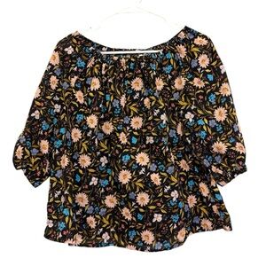 2/$15 a.n.a - Black Multicolor Floral Half Sleeve Blouse | Size Large